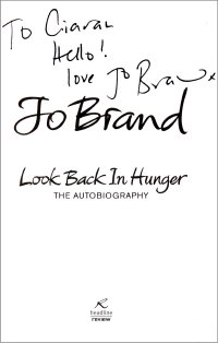 Jo Brand signed title page of her autobiography 'Look Back in Hunger'